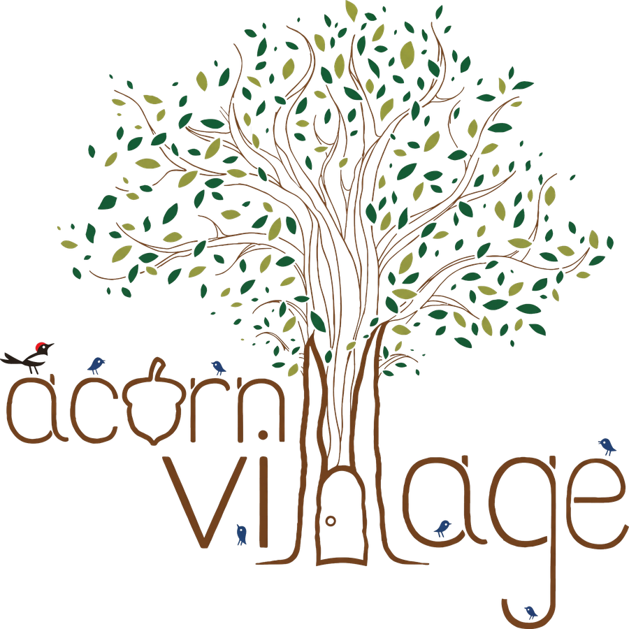 Acorn Village logo: an oak tree whose trunk forms the letters of the word Village, with small birds perched around it